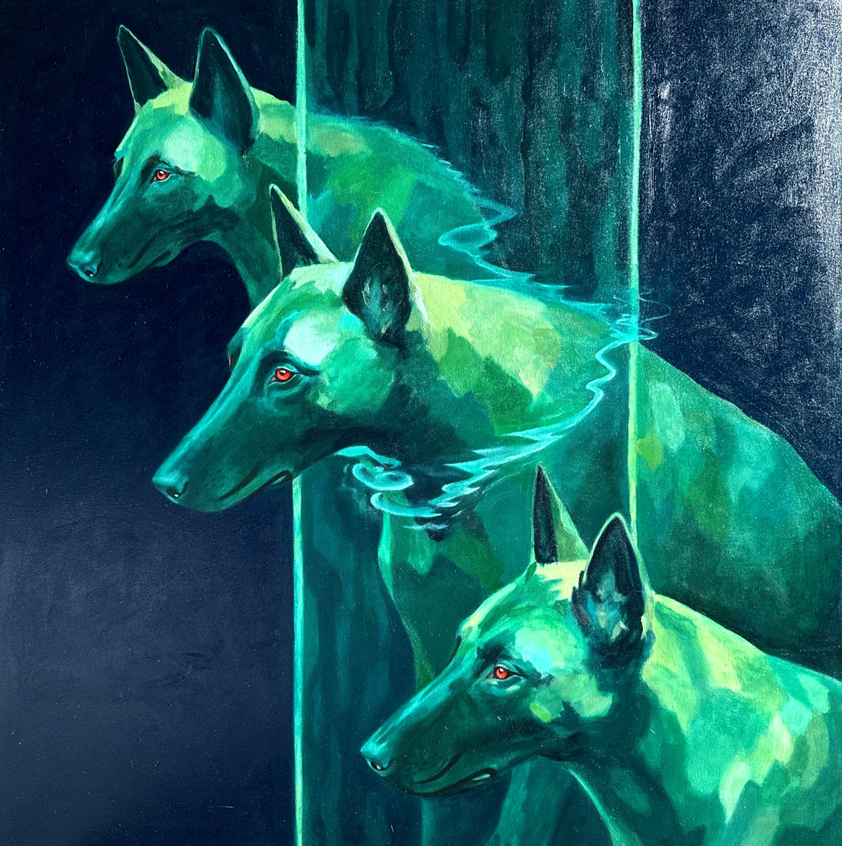 oil painting of 3 belgian malinois